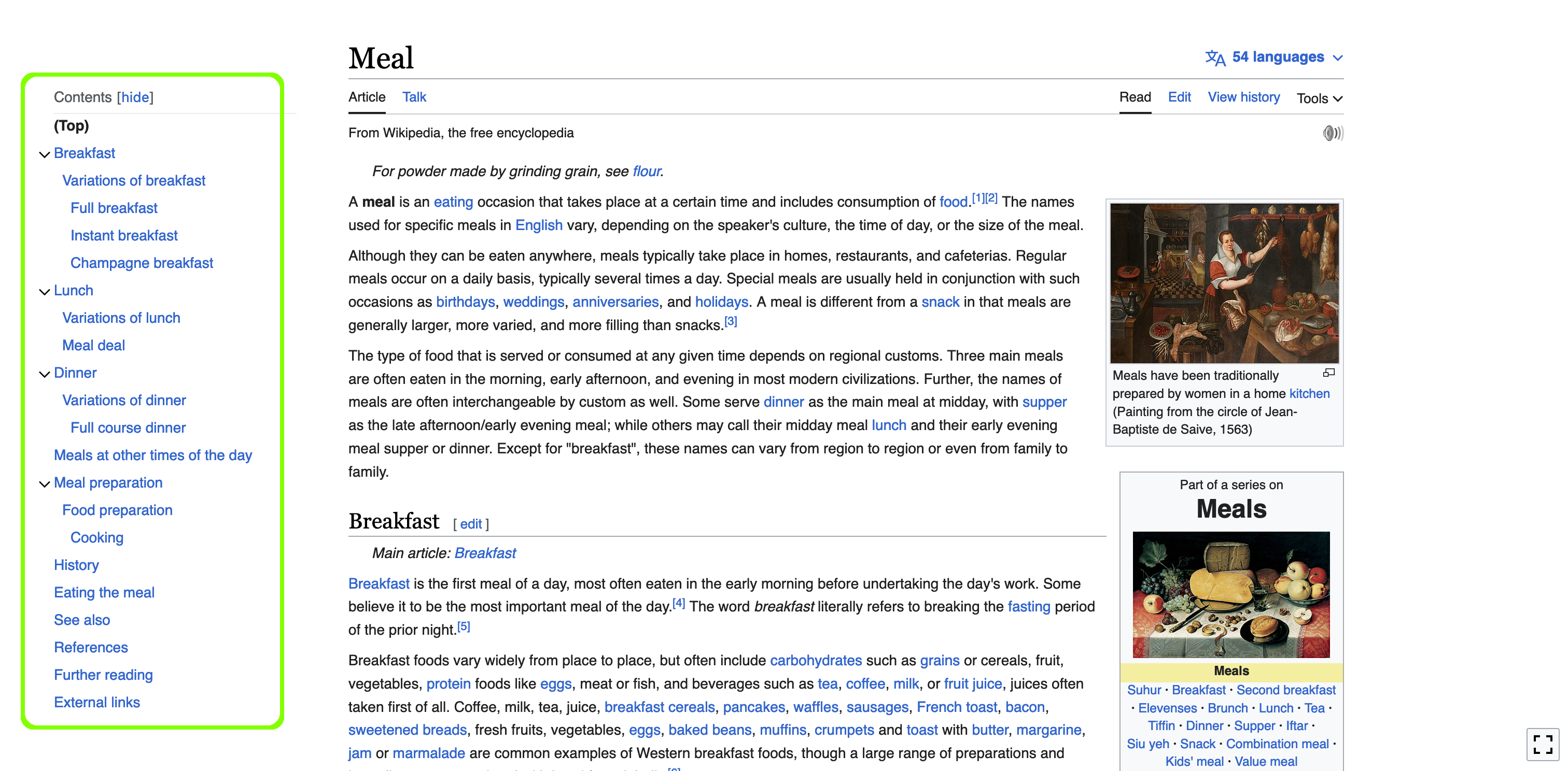 The table of contents for "Meal" on Wikipedia